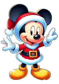 a cartoon mickey mouse wearing a santa claus suit and holding his arms out in the air