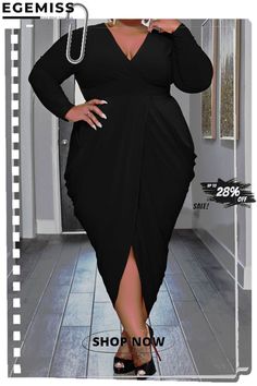 Black Casual Solid Patchwork Fold V Neck Irregular Dress Plus Size Dresses Trendy Outfit Ideas, Trendy Fall Outfits, Dress Plus Size, Black Casual, Women's Style, Plus Size Dresses