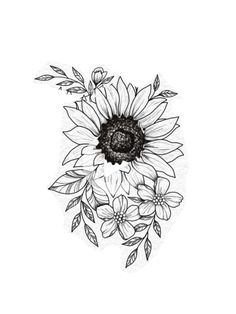 a black and white drawing of a sunflower with leaves on it's petals