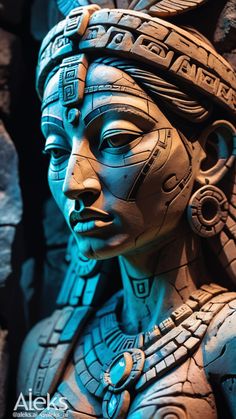 a statue made out of clay with an intricate headdress on it's face