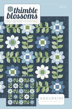 the book cover for thimble blossoms by danielle roskeley, featuring blue and green flowers