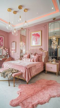 a bedroom with pink walls and furniture