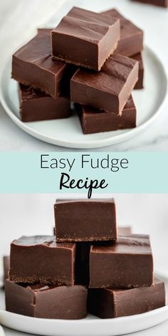 chocolate fudge recipe on a white plate with text overlay that reads easy fudge recipe