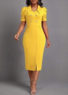 Dinner Dress Classy, Boutique Style Outfits, Yellow Short, Short Sleeve Bodycon Dress, Plain Color, Printing Design, Sleeve Bodycon Dress, Yellow Shorts, Button Up Dress