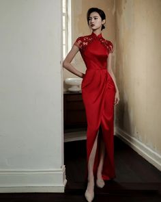 Luxury Red Cheongsam With Mandarin Collar, Luxury Red Cheongsam For Party, Luxury Mandarin Collar Dress For Ceremonies, Luxury Fitted Cheongsam For Ceremony, Red Chinese Wedding Dress Dream Dresses By Pmn, Luxury Traditional Cheongsam For Ceremonies, Chinese Inspired Bridesmaid Dress, Luxury Spring Wedding Cheongsam, Chinese New Year Outfits