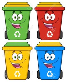 four cartoon trash cans with different faces and colors, each with a recycle