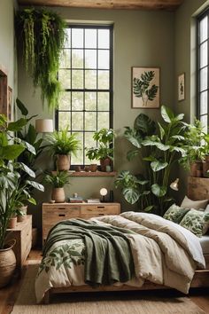 a bedroom filled with lots of green plants