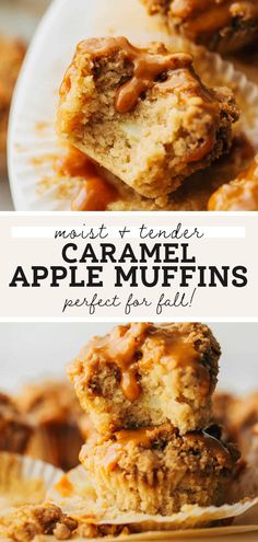 caramel apple muffins are stacked on top of each other with the words, moist