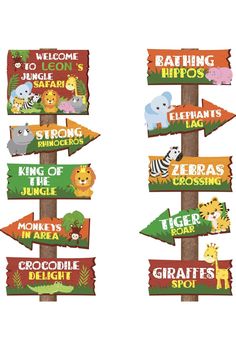 several wooden signs with animals on them and the words welcome to zoos, zebras, giraffes, lions