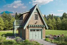 a small wooden house with a balcony on the roof