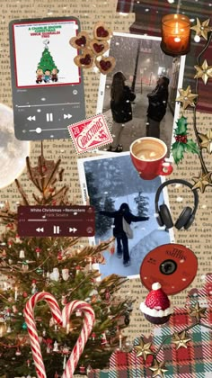 a collage of christmas items including a tree, candy canes and other decorations