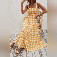 Yellow Gingham Square Maxi Dress Shoulder Tie Picnic Long Summer Sundress Perfect For A Picnic Or Day At The Beach. Wear The Straps As A Halter Or Tied On Each Shoulder True To Size Elastic Waist Tiered Skirt Smocked Top Polyester Machine Wash More Colors Listed Separately In My Closet/Shop Bundle For The Best Deal New To Poshmark? Use My Referral Code Kattakitty And Get $10 To Spend Here Or Anywhere On Pm! Sales Are Temporary. Slap A On Items For Price Drop Notices. Yellow Picnic Dress, Yellow Gingham Dress, Long Summer Sundress, Yellow Picnic, Yellow Dress Outfit, Yellow Sundress, Long Sundress, White Shirt Outfits, Summer Sundress