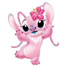 a pink cartoon character with big eyes and a bow on her head is flying through the air