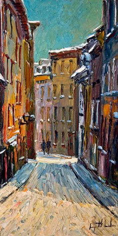 an oil painting of a snowy street with buildings on either side and one person walking in the distance