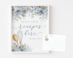 a recipe card with a whisk on it next to a postcard that says leave your recipes base thank you