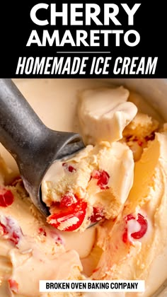 a bowl filled with ice cream next to a spoon