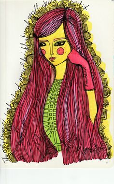 a drawing of a girl with long pink hair and red eyeballs on her face