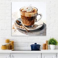 a cup of coffee with whipped cream on top is sitting on a saucer next to a white brick wall