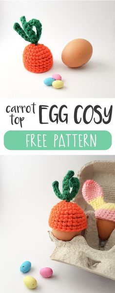 an egg carton with crocheted eggs in it and the text, carrot egg cosy free pattern