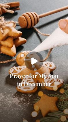 a person is holding a paper towel over some cookies and cinnamon sticks with the words prayer for my son in december