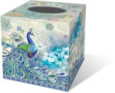 a tissue box with a peacock design on it