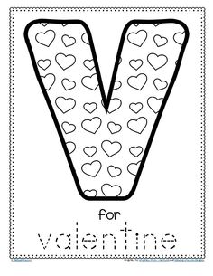 the letter v is for valentine's day coloring page with hearts and dots on it