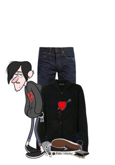 a cartoon character is standing next to a pair of blue jeans and a black jacket