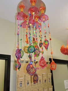 a colorful chandelier hanging from the ceiling