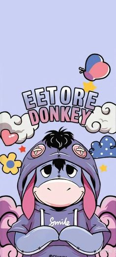 a cartoon character sitting on top of a cloud filled sky with the words eeetoe donkey