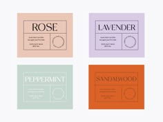 four different types of business cards with the words rose, lavender, peppermint and sandwood