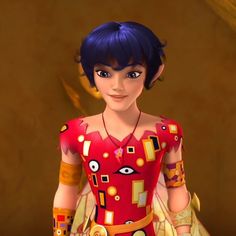 an animated woman with blue hair wearing a red dress and gold bracelets, standing in front of a brown wall