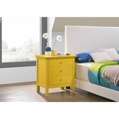 a bedroom with a bed, nightstand and window