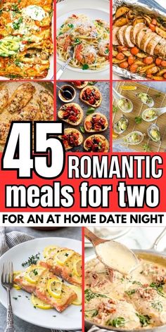 the cover of 45 romantic meals for two for an at home date night, with images of food and drinks