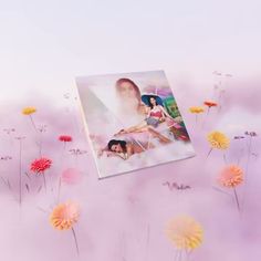 an image of two women laying on the ground surrounded by dandelions and daisies