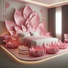 a large pink bed sitting in the middle of a bedroom