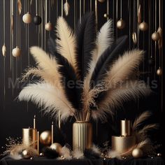 a table topped with lots of gold and black feathers next to christmas balls, candles and ornaments