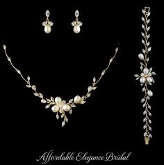 Gold Freshwater Pearl and CZ Wedding Jewelry Set with Bracelet Wedding Jewelry With Pearl And Diamond Accents, Pearl Necklace With Diamond Accents For Wedding, Wedding Pearl Necklace With Diamond Accents, Wedding Jewelry Set, Pearl Bridal Jewelry, Bridal Jewelry Set, Bracelet Diamond, Fabulous Wedding, Gold Wedding Jewelry