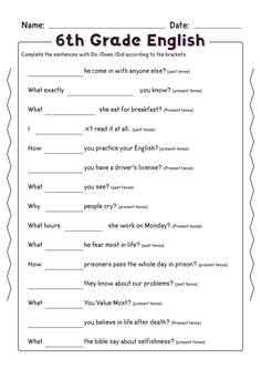 the 6th grade english worksheet