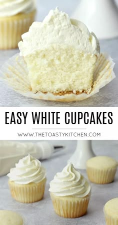 cupcakes with white frosting on top and the words easy white cupcakes above them