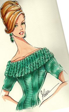 a drawing of a woman in a green dress