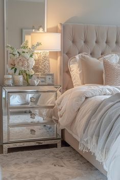 a white bed sitting next to a mirrored nightstand with flowers on it and a mirror