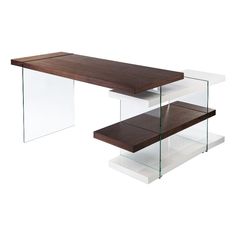 a glass and wood table with shelves underneath it