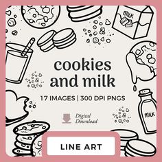 cookies and milk coloring book with the title line art on top of it in black and white