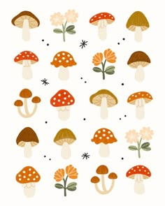 an image of mushrooms and flowers on a white background