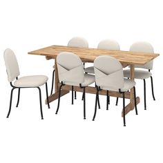 a wooden table with white chairs around it