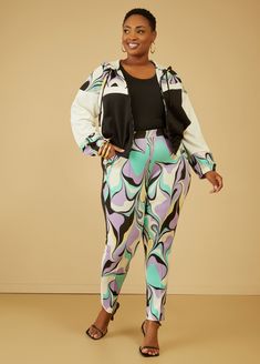 These swirl print leggings or pastel goodness easy to wear with any of the colors blurred together or alongside the track jacket. Jersey Streetwear, Streetwear Sweatpants, Color Blur, Plus Size Trendy, Knit Leggings, Ashley Stewart, Print Leggings, Track Jacket, Printed Leggings