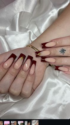 Dark Red Nail French Tip, Ruby French Tip Nails, Red French Tip Nails Ideas, Black And Burgundy Nails Ideas, Burgundy Nails Square Long, Cream And Burgundy Nails, Red Ballerina Nails Designs, Nail Design Inspiration Fall, Wine Red French Tip Nails Square