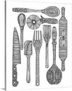 a black and white drawing of kitchen utensils with intricate designs on the sides