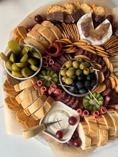 Homemade Charcuterie board, cheese board, diy cheese board, olives, Brie, crackers, cheese platter, platter, cheese pairing, wine snack, salami, desserts, snacks, summer snack Cheese Cracker Olive Platter, Cheese Platter For 2, Bread And Dip Platter, Circular Cheese Board, Salami And Cheese Board, Cheese And Biscuits Platter, Bread And Cracker Charcuterie Board, Charcuterie Board Brie Cheese, Charcuterie Board Oval