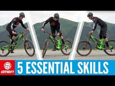 three different shots of a man riding a bike with the words 5 essential skills for mountain bikers